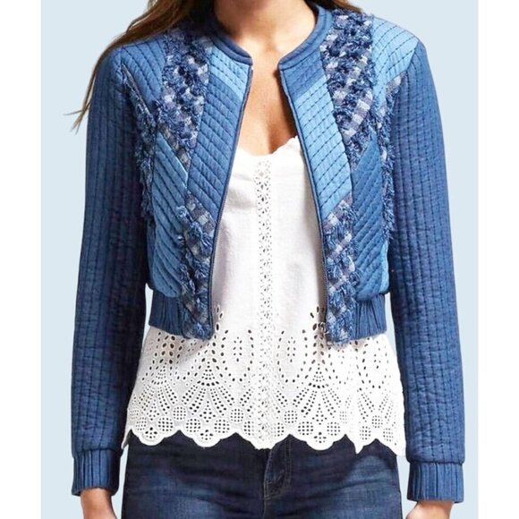 REBECCA TAYLOR Patch Chambray Jacket Textured Cropped Size XS - Picture 1 of 8